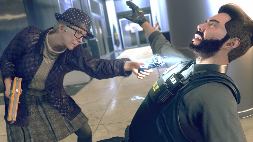 Old lady with a gun in one hand, tasing a man with her other hand